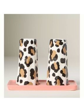 ANTHROPOLOGIE Leopard Stoneware Salt and Pepper With Tray Set